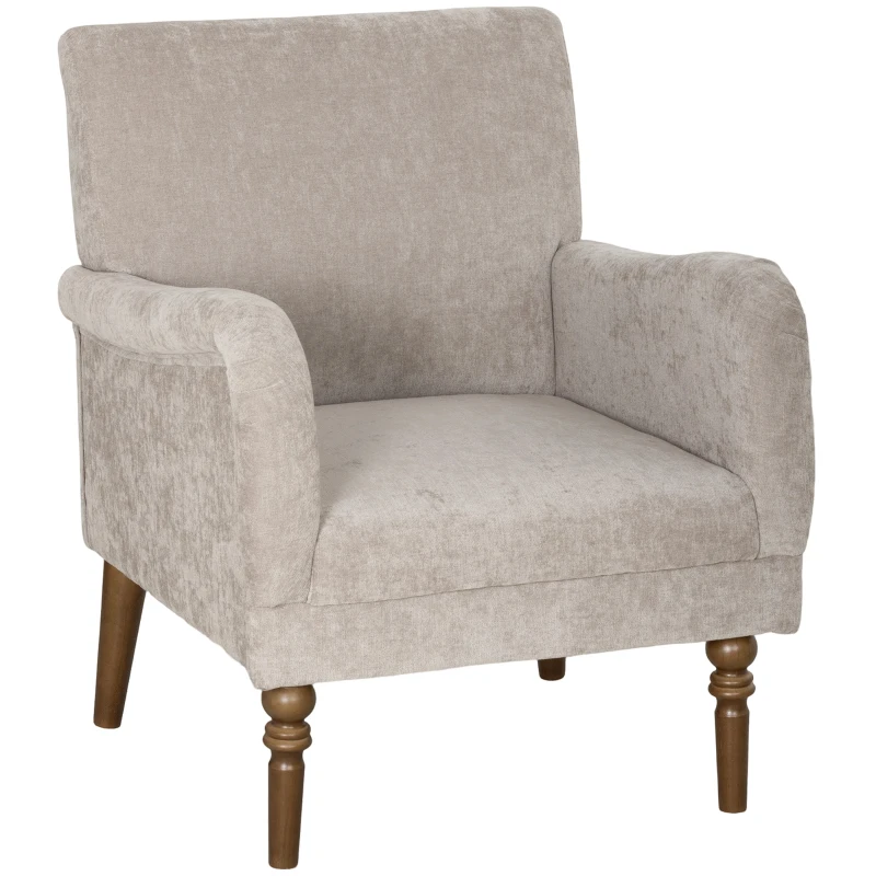 HOMCOM Fauteuil de salon, canapé 1 place avec dossier haut, accoudoirs, assise large, pieds en bois d'hévéa, tissu en lin, gris