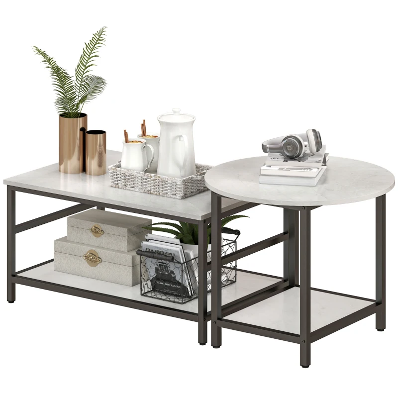 HOMCOM Couchtisch-Set, 2 Beistelltische, Marmoroptik, verstellbare Füße, Stahl, Schwarz/Weiß