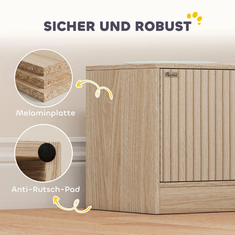 PawHut Hundefutterstation mit 2 Edelstahl-Näpfen, Schrank für Utensilien, für große Hunde, Zubehör, Holz
