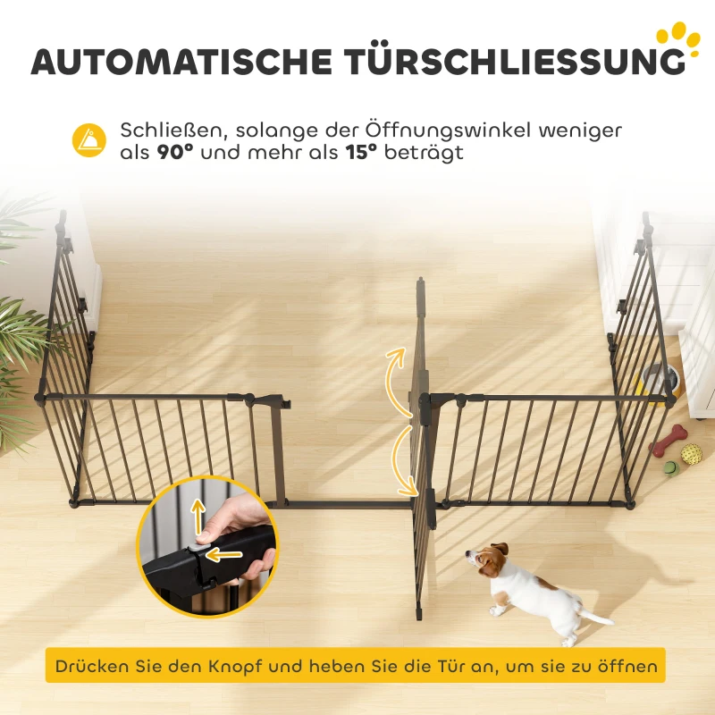PawHut 2-in-1 Absperrgitter, Haustier-Laufstall, Sicherheitstor, faltbar, Metall, 300 x 3 x 74,5 cm, Schwarz(m-6)