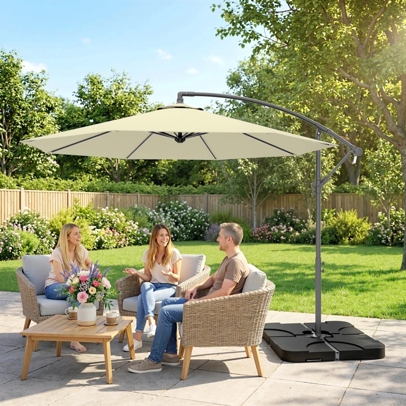 Outsunny 3m Overhanging Parasol, with Base, Weights and Cover - Sand brown