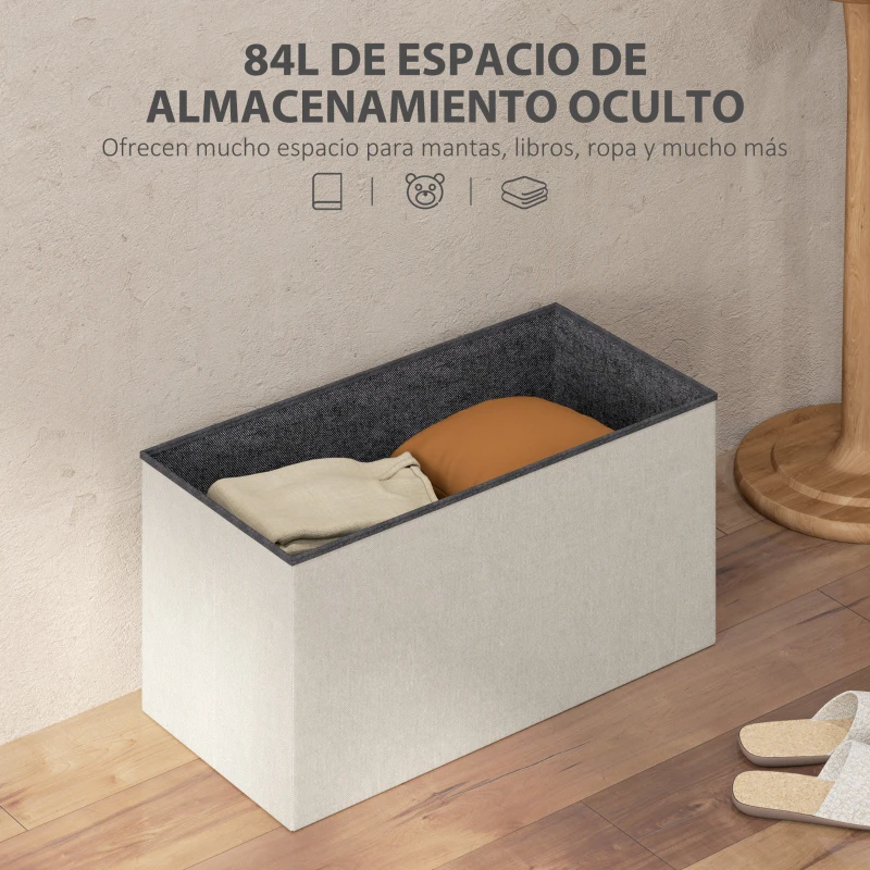 HOMCOM Puff Almacenaje, Banco Almacenaje Plegable 84 L 76x38x38 cm Tapizado en Lino Sintético Baúl de Almacenamiento Crema