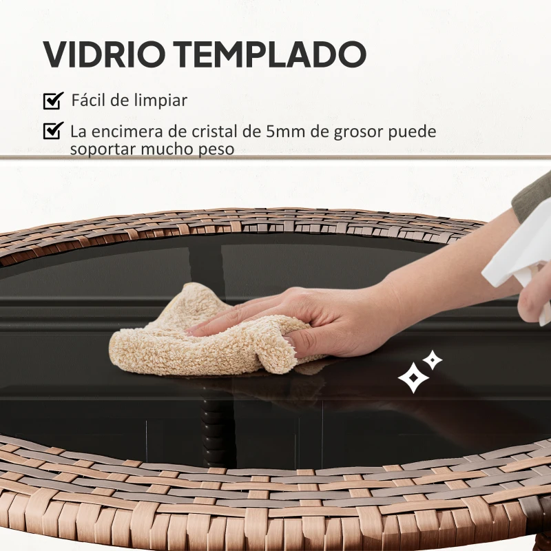 Outsunny Mesa de Jardín Redonda Ø64x71 cm con Estante Marco de Acero y Encimera de Cristal Carga 50 kg para Terraza Patio Marrón