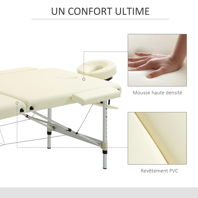 HOMCOM Table de massage pliable portable + housse de transport charge max. 225 Kg hauteur réglable 210 x 90 cm crème