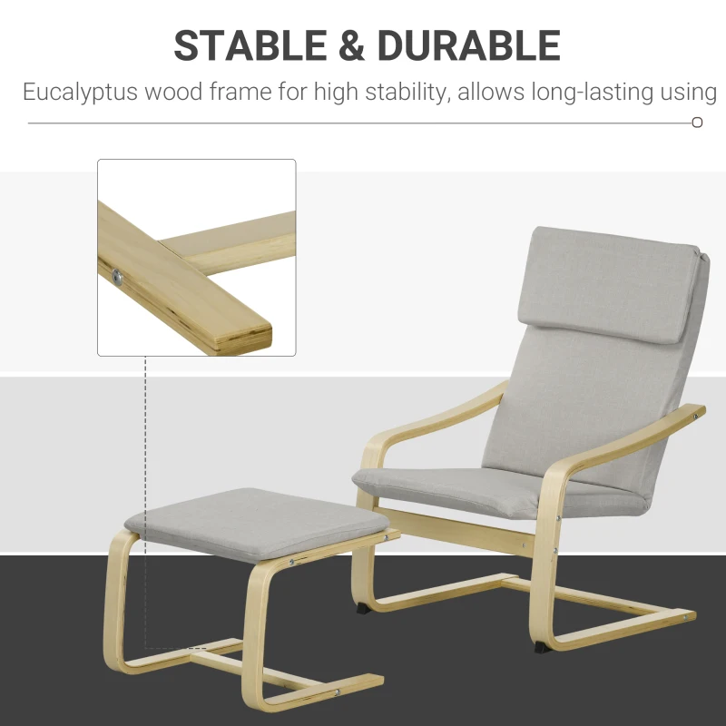 HOMCOM Fotel klubowy z podnóżkiem, pokrowiec imitujący len, drewniana rama, do 120 kg, Jasnoszary/Natura