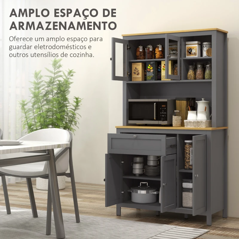 HOMCOM Armário de Cozinha Alto com 5 Portas Prateleira Ajustável, Gaveta Bancada Aberta para Microondas Orifício para Cabo 100x40x180 cm Cinza