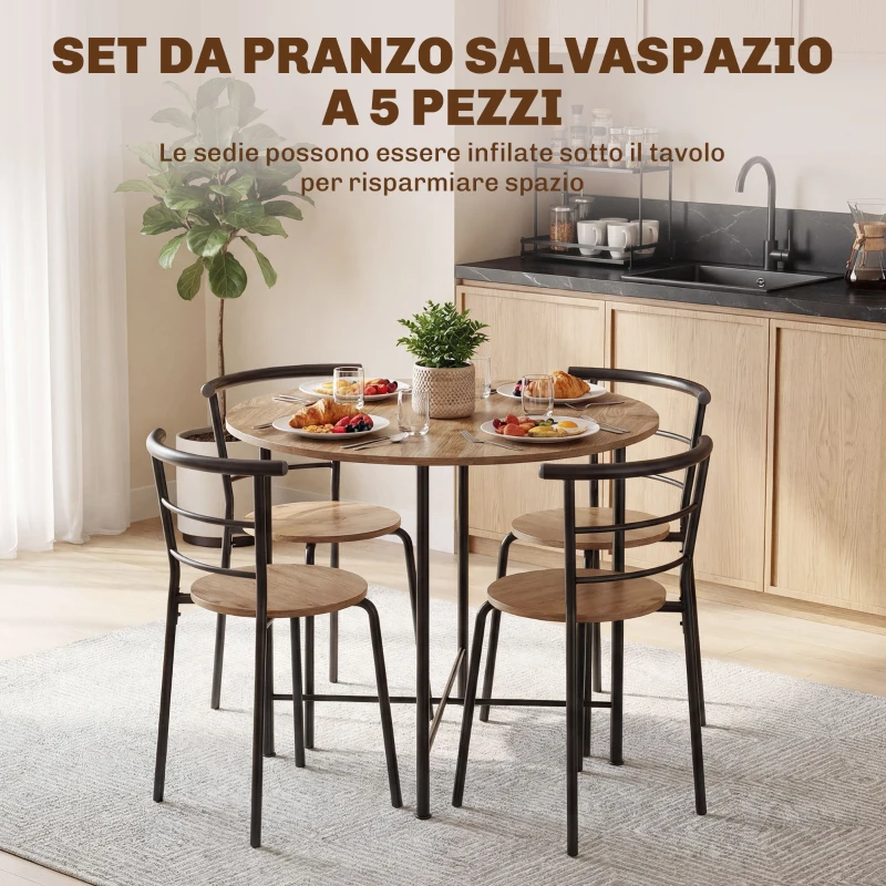 HOMCOM Set Tavolo da Pranzo Rotondo con 4 Sedie Salvaspazio in Legno e Metallo Stile Industriale