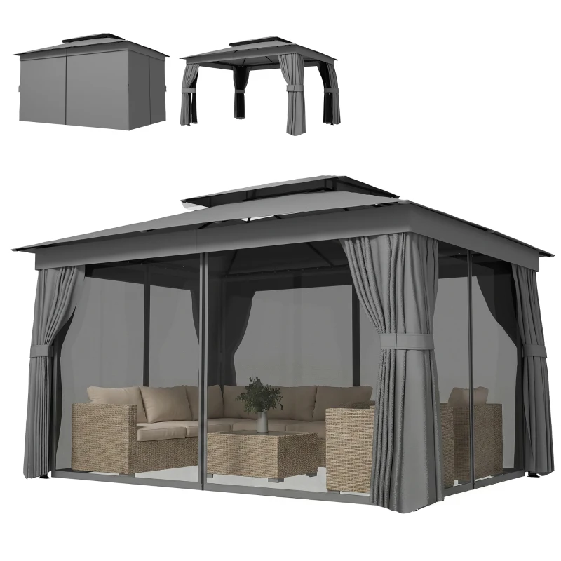 Outsunny Gazebo da Giardino a 2 Livelli con Zanzariere e Tende, in Metallo e Poliestere, 380x300x270 cm, Grigio Scuro