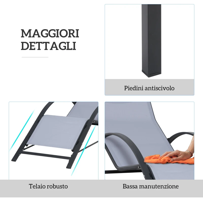 Outsunny Set di 2 Lettini Prendisole e Tavolino con Piano in Vetro, 59x169x66 cm, Grigio Chiaro