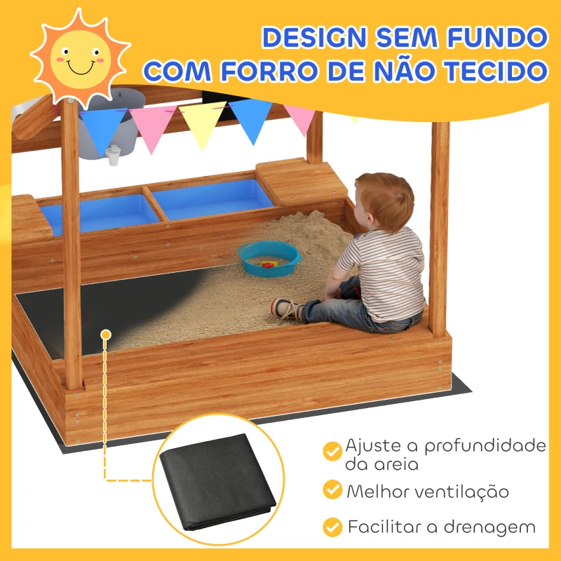 Outsunny Caixa de Areia para Crianças de Madeira em Forma de Casa com 2 Assentos Toldo 6 Bandeirolas 2 Bandejas Removíveis Torneira e Quadro para Jardim 124x116x146 cm Madeira