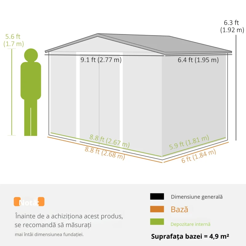 Outsunny Șopron pentru Unelte cu Acoperiș Înclinat și Uși Glisante Duble, 277x195x192 cm, Verde Închis