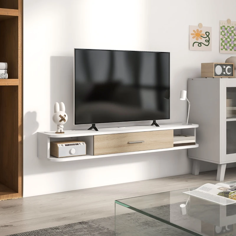 HOMCOM Meuble TV mural banc TV jusqu'à 50 pouces avec compartiments ouverts et armoire à porte rabattable blanc