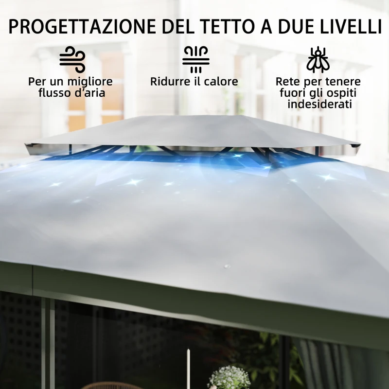 Outsunny Gazebo da Giardino a 2 Livelli con Zanzariere e Tende, in Metallo e Poliestere, 380x300x270 cm, Grigio Scuro