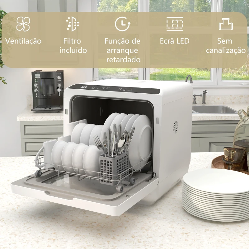 HOMCOM Máquina de Lavar Loiça Pequena Bancada Compacta Depósito de Água 6L Branco
