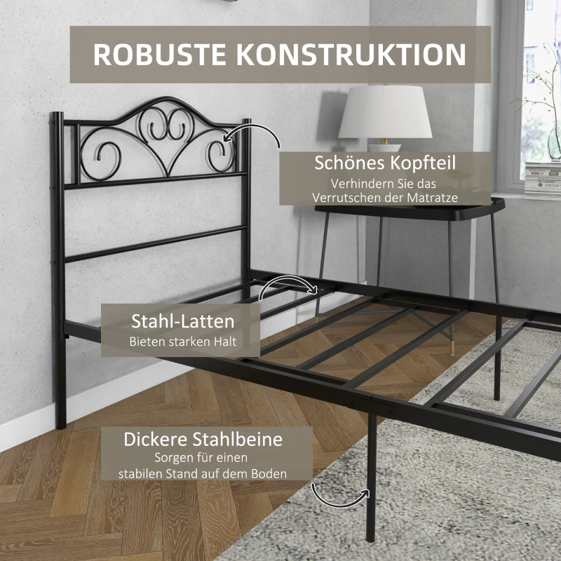 HOMCOM Bett 90 x 200 cm Stahl mit Lattenrost, Kopf- und Fußteil, 31 cm hoch Schwarz