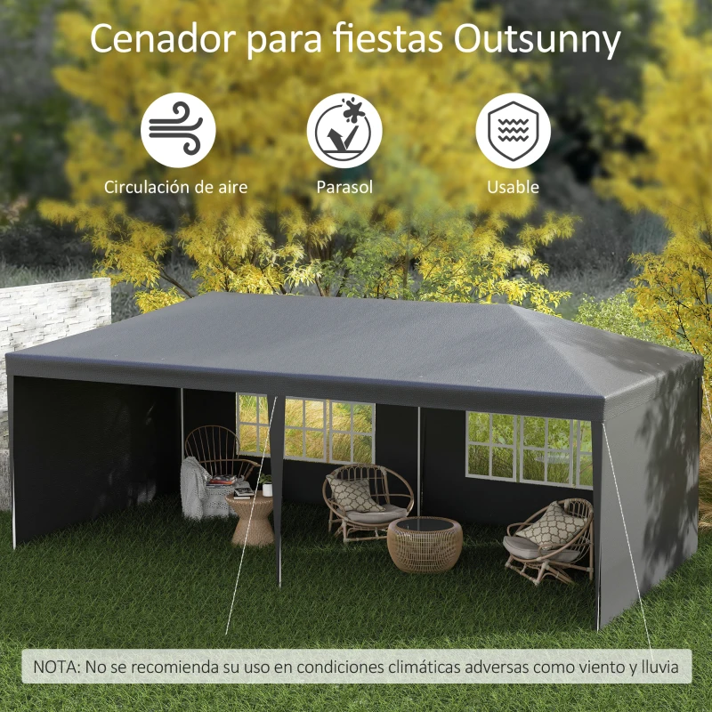 Outsunny Carpa de Jardín 6x3m con 4 Paredes Laterales 2 Ventanas Visibles Cenador Gazebo de Exterior para Fiestas Eventos Gris