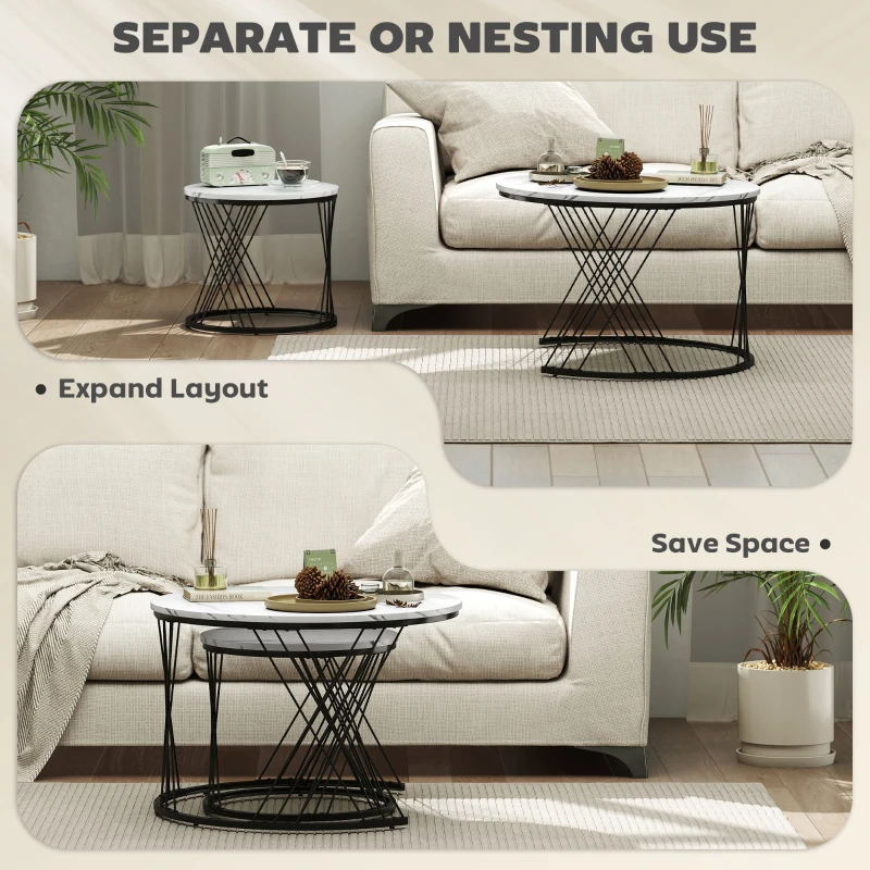 HOMCOM Nesting Coffee Table Set of 2, Modern Round Nest of Tables with Metal Frame and Marble Pattern Top for Living Room, Bedroom, Office, Small Space, White
