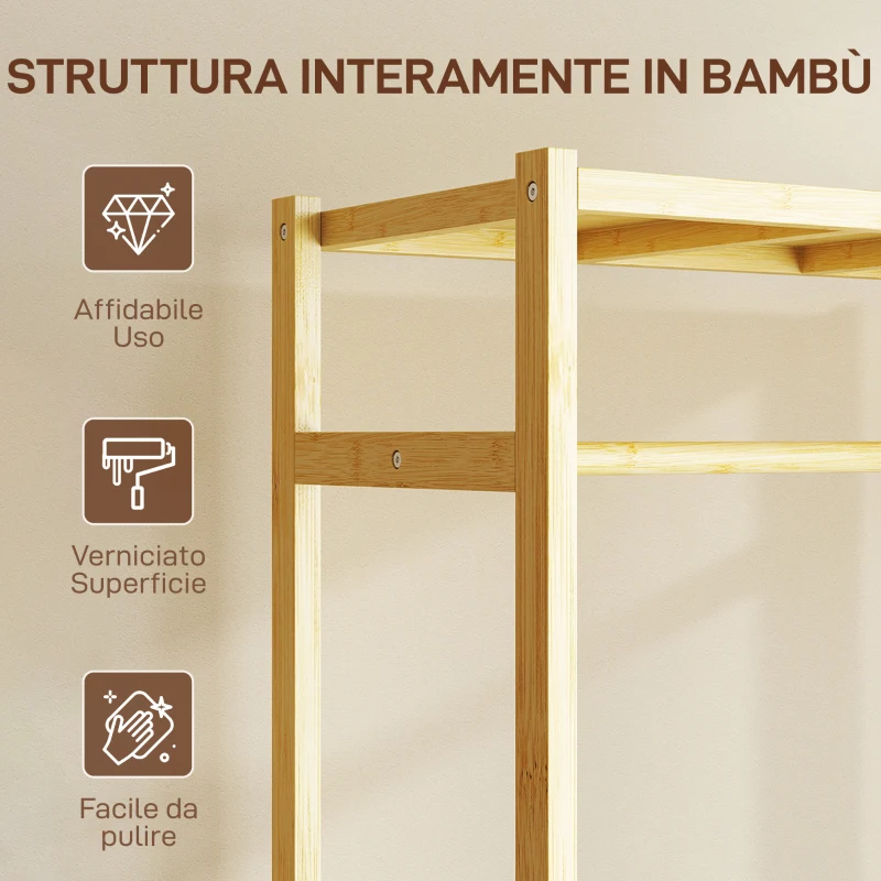 HOMCOM Stand Appendiabiti da Terra con Barra, Ripiani e 4 Ruote in Bambù, 70x35x175 cm, Legno Naturale