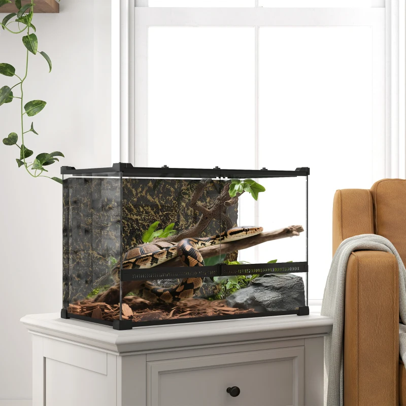 PawHut Terrarium voor reptielen Glazen terrarium 48L met voorventilatie stenen achterwand draaivergrendeling 50 x 30 x 35 cm Zwart
