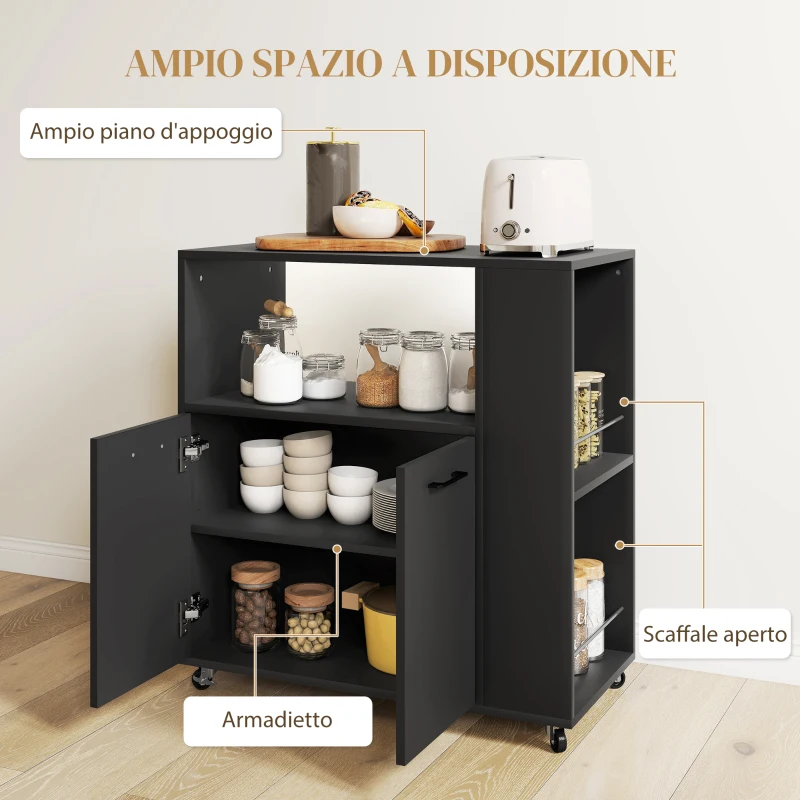 HOMCOM Carrello Cucina in Legno con Ripiano Aperto, Armadietto e Scaffale Laterale, 75x40x80.5 cm, Nero