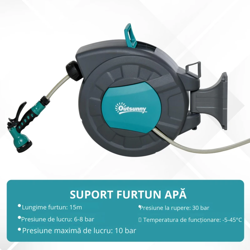 Outsunny Tambur pentru furtun cu derulare automata, montat pe perete, cu rotire la 1800, furtun de 15 m si pistol de stropit multifunctional