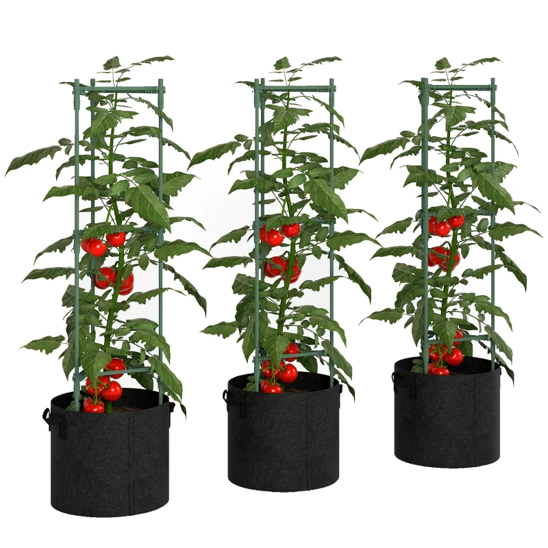 Outsunny 3 Packs Tomato Cages with 83.7L Grow Bags, 120cm Adjutstable Triangle Plant Stakes Support Trellis with Planter Bags