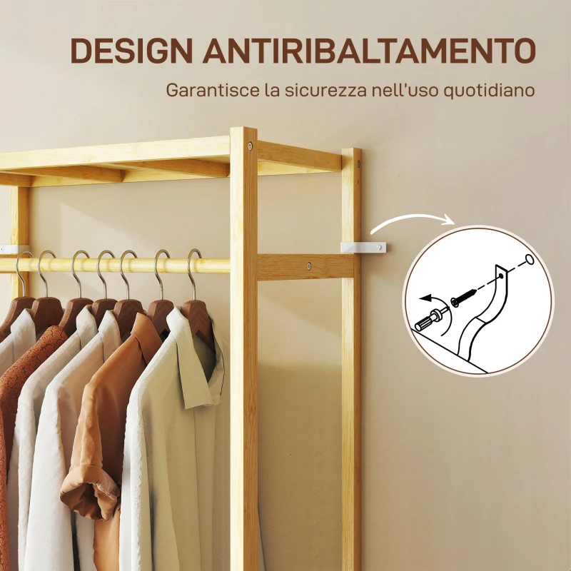HOMCOM Stand Appendiabiti da Terra con Barra, Ripiani e 4 Ruote in Bambù, 70x35x175 cm, Legno Naturale