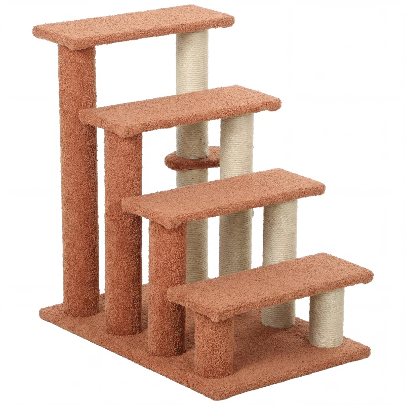 PawHut Haustiertreppe, Kratzbaum, 4-stufig, für Tiere bis 5 kg, 60x40x64cm, Braun