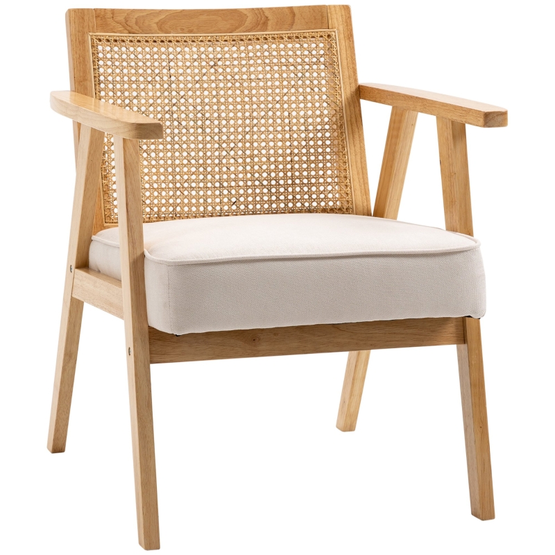 HOMCOM Egzotyczny Fotel Tapicerowany, Drewno Kauczukowe, Poduszka o Wyglądzie Lnu, 63D x 69S x 78W cm, Kremowy