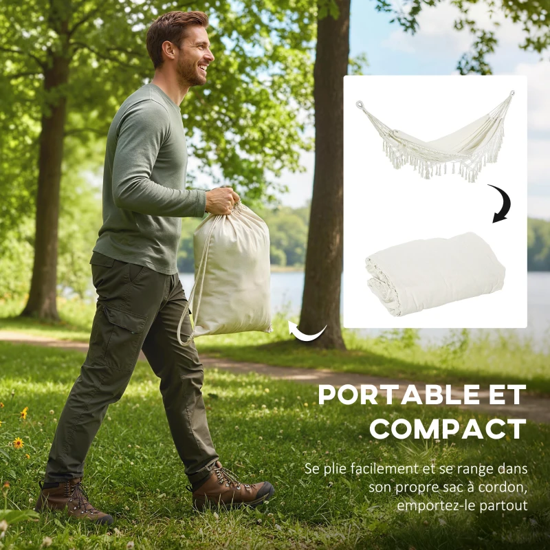 Outsunny Hamac Exterieur Bohème, Hamac de jardin Suspendu avec Frange et Sac de Transport extra large 288 x 150 cm, Beige