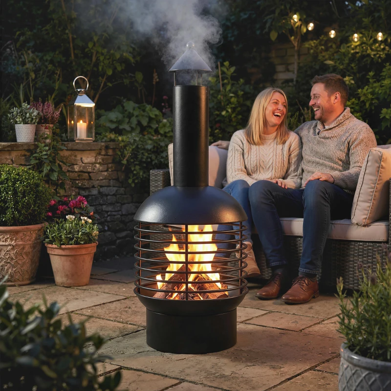 Outsunny Chimney Fire Pit, Portable Wood Burning Firepit with Poker, Charcoal Grid, Outdoor Fireplace for Garden Patio, Black