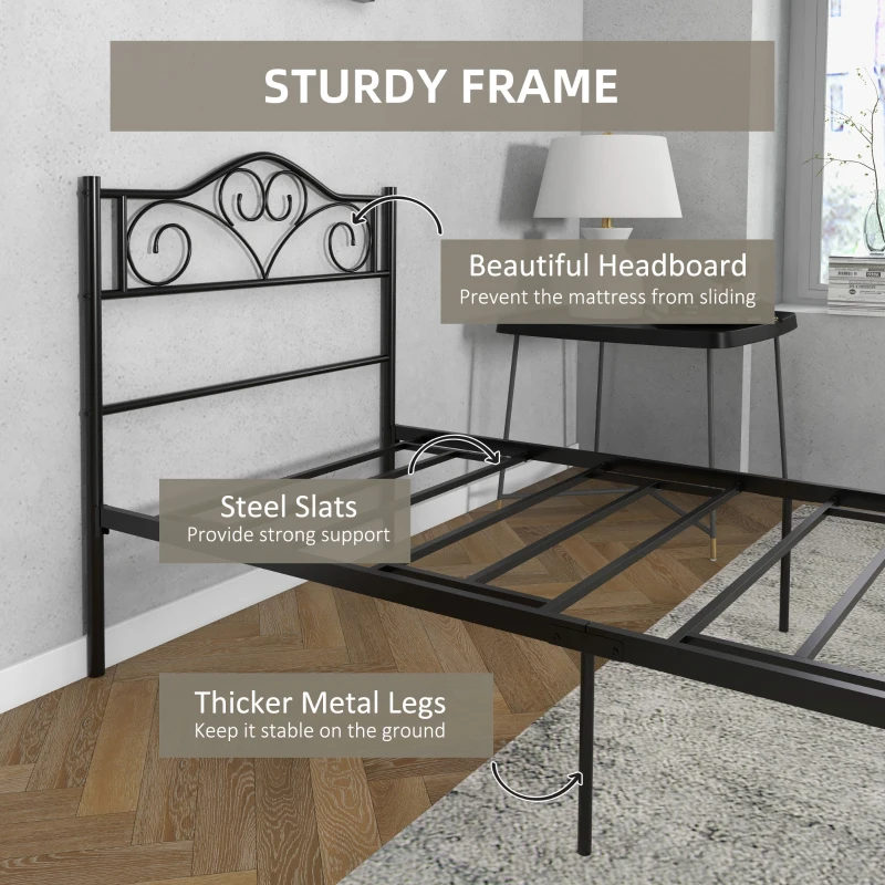 HOMCOM Łóżko 90 x 200 cm, stalowe z listwami, z zagłówkiem i podnóżkiem, 31 cm wysokości, czarne
