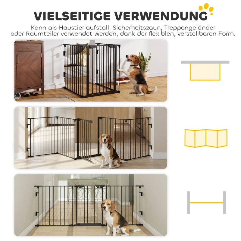 PawHut 2-in-1 Absperrgitter, Haustier-Laufstall, Sicherheitstor, faltbar, Metall, 300 x 3 x 74,5 cm, Schwarz(m-4)