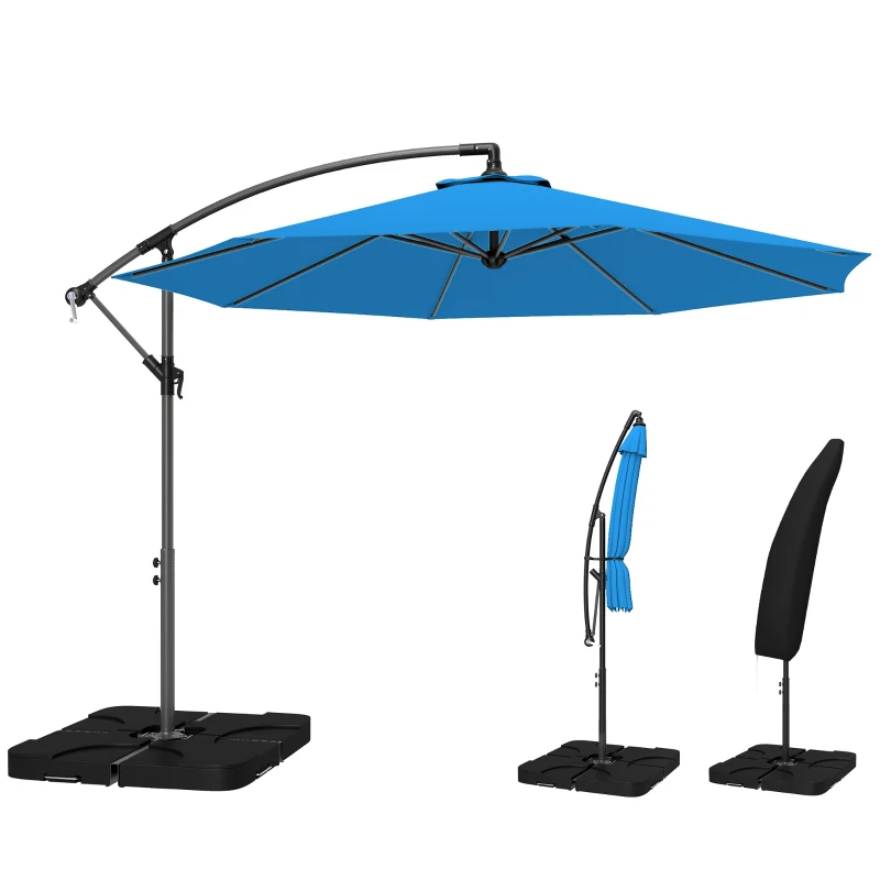 Outsunny 3m Overhanging Parasol, with Base, Weights and Cover - Blue