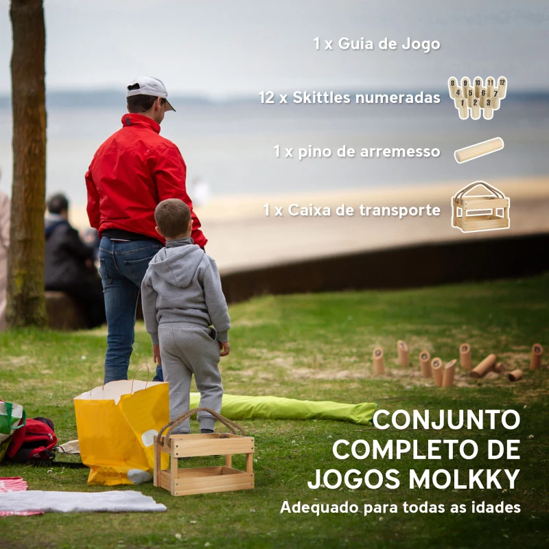 SPORTNOW Jogo de Bowling Finlandês em Madeira com 12 Pinos 1 Bastão e Caixa de Transporte para Adultos Jardim Madeira