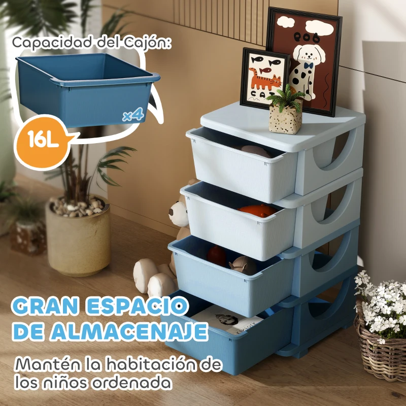 HOMCOM Torre de Almacenamiento Infantil con 4 Cajones para Niños de +3 Años con Bordes Redondeados y Asas 37x37x76 cm Azul