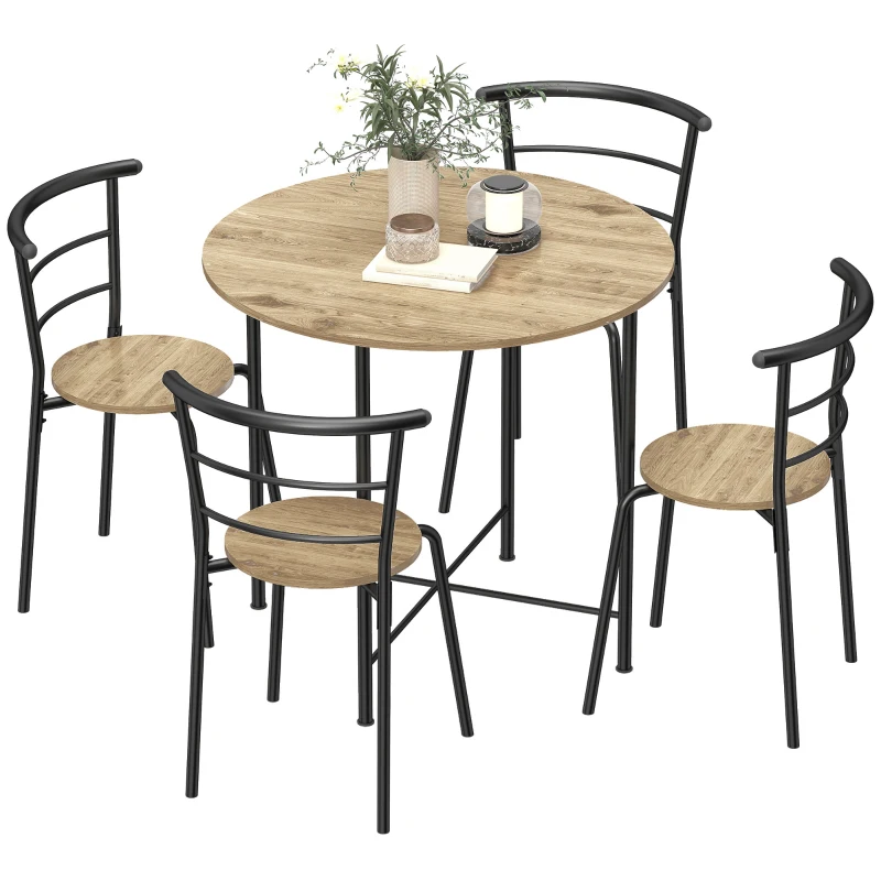 HOMCOM Set Tavolo da Pranzo Rotondo con 4 Sedie Salvaspazio in Legno e Metallo Stile Industriale