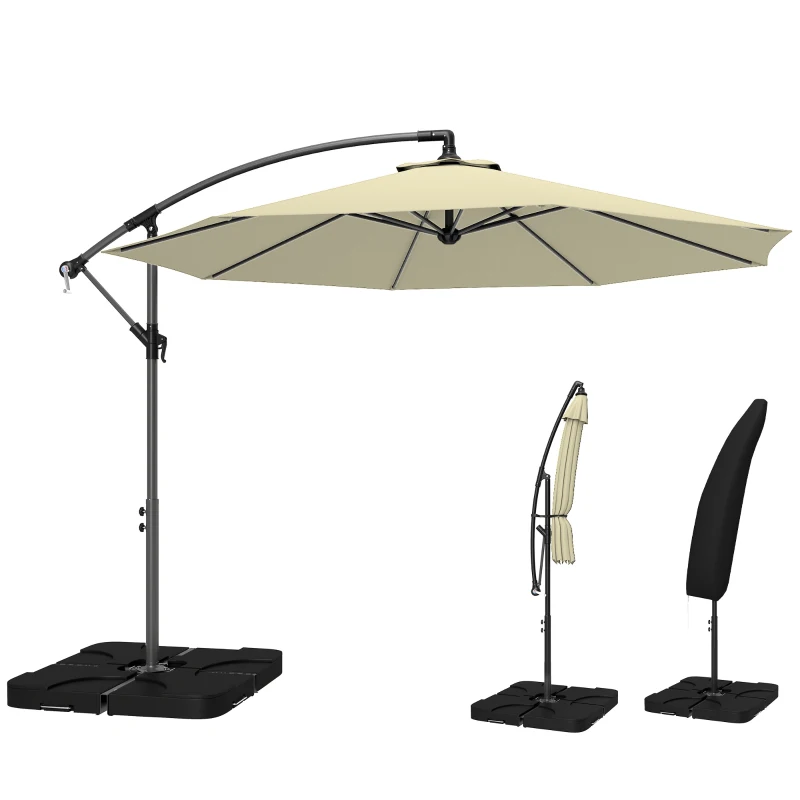 Outsunny 3m Overhanging Parasol, with Base, Weights and Cover - Sand brown