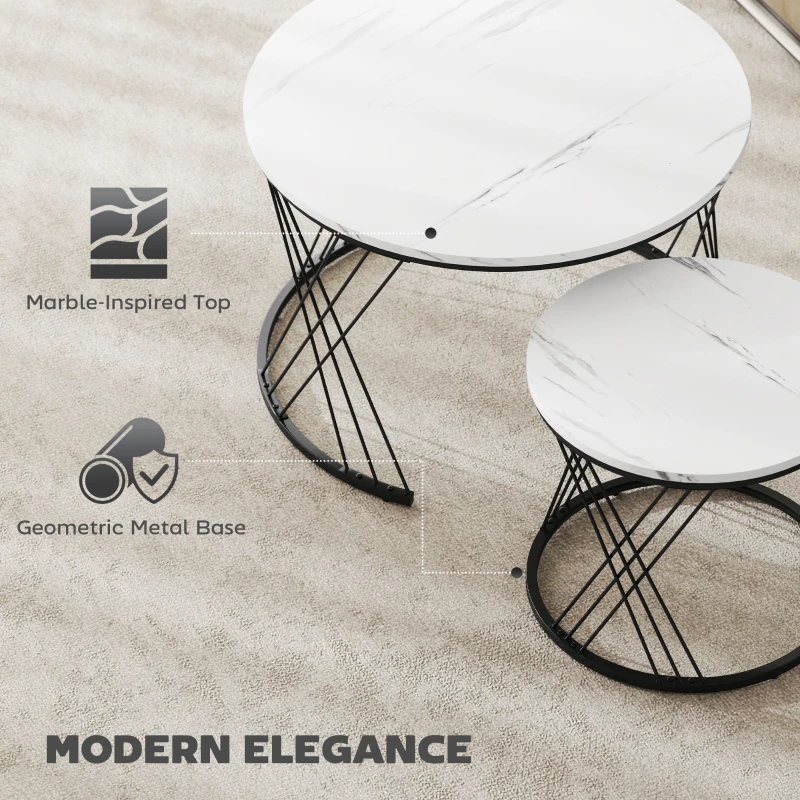 HOMCOM Nesting Coffee Table Set of 2, Modern Round Nest of Tables with Metal Frame and Marble Pattern Top for Living Room, Bedroom, Office, Small Space, White