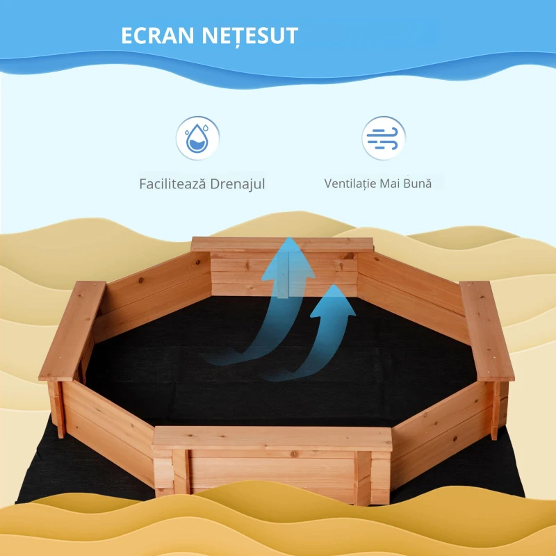 Outsunny Jucarie Plaja si Nisip din Lemn cu Scaune si Copertina pentru Copii, Varsta 3-8 Ani, 139.5x139.5x21.5cm