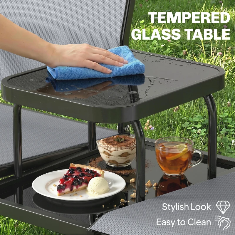 Outsunny 2-zits tuinbank zitbank met rug- & armleuningen, tweelaags glastafel, parkbank belastbaar tot 240 kg 135 x 67 x 81 cm Grijs