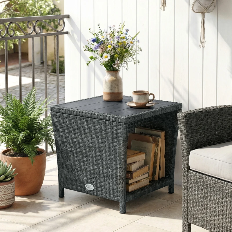 Outsunny Side Table 2-Tier Outdoor Coffee Table with Storage Shelf PS Wood Slat Top/Grey