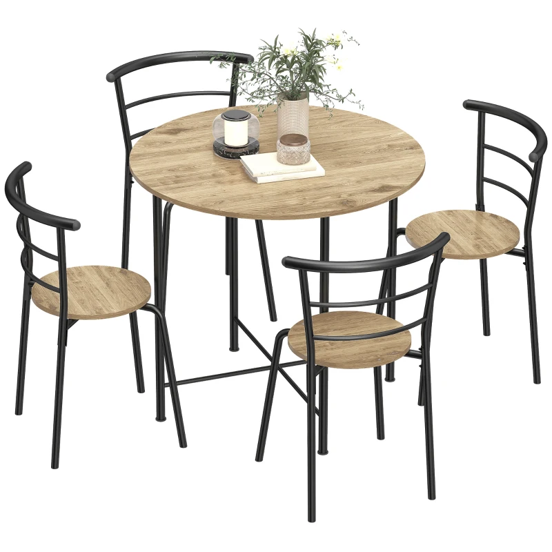 HOMCOM Conjunto de Mesa e Cadeiras de Refeição Mesa de Cozinha Redonda com 4 Cadeiras Estilo Industrial Madeira e Preto