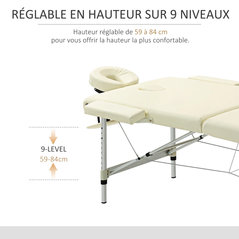 HOMCOM Table de massage pliable portable + housse de transport charge max. 225 Kg hauteur réglable 210 x 90 cm crème