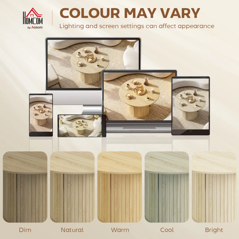 HOMCOM Mesa de centro redonda, mesa de sala com arrumação, porta deslizante ripada, 2 prateleiras, efeito madeira natural