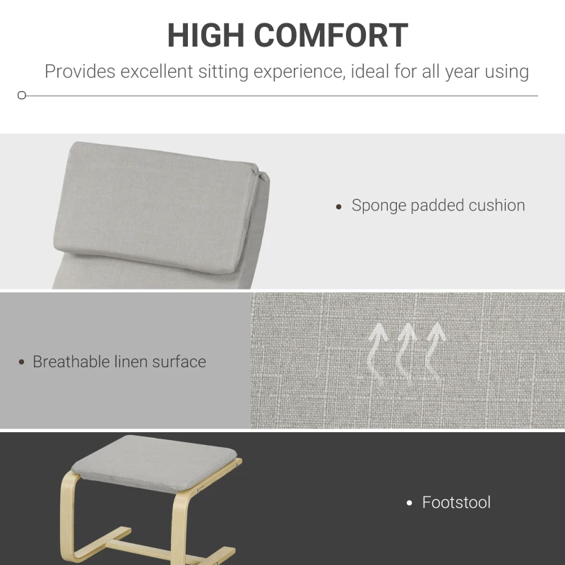 HOMCOM Fotel klubowy z podnóżkiem, pokrowiec imitujący len, drewniana rama, do 120 kg, Jasnoszary/Natura