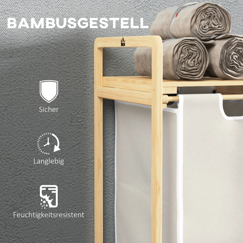 HOMCOM Wäschekorb mit 2 Waschsäcken, 1 Ablage, Bambus, 63,5 cm x 33 cm x 73 cm, Hellgrau + Natur