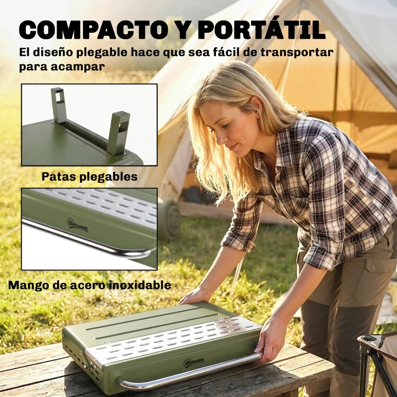 Outsunny Barbacoa de Carbón Plegable 52x37x31,8 cm con Rejilla Ajustable Estante Lateral Plegable y Bandeja Extraíble Verde