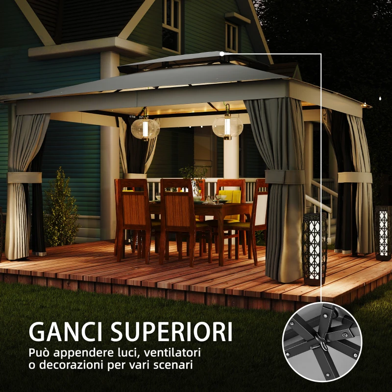 Outsunny Gazebo da Giardino a 2 Livelli con Zanzariere e Tende, in Metallo e Poliestere, 380x300x270 cm, Grigio Scuro