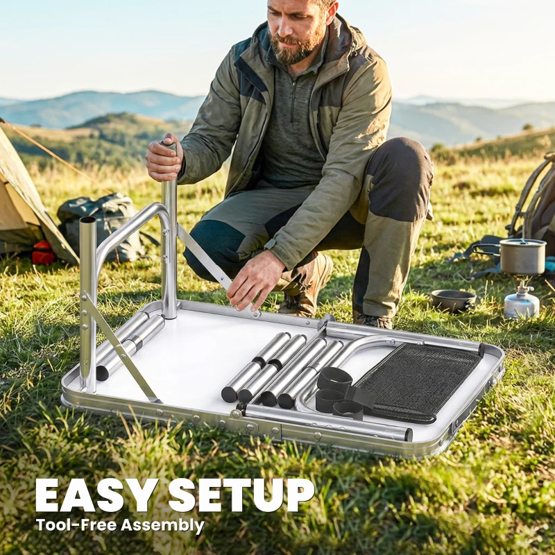 Outsunny Aluminum folding table, folding camping table, handle 4 adjustable heights with Mesh Storage 60x40x60cm, white